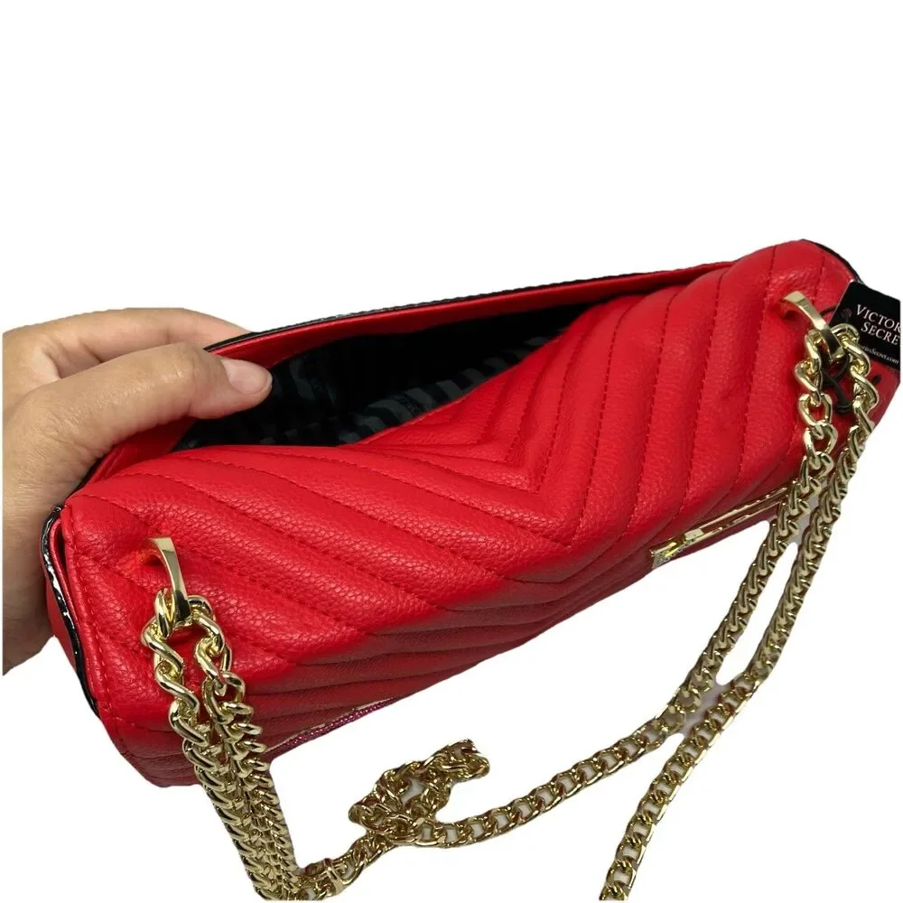 Victoria Secret Red Quilted Gold Chain Rhinestone Bond Street Crossbody Bag‎